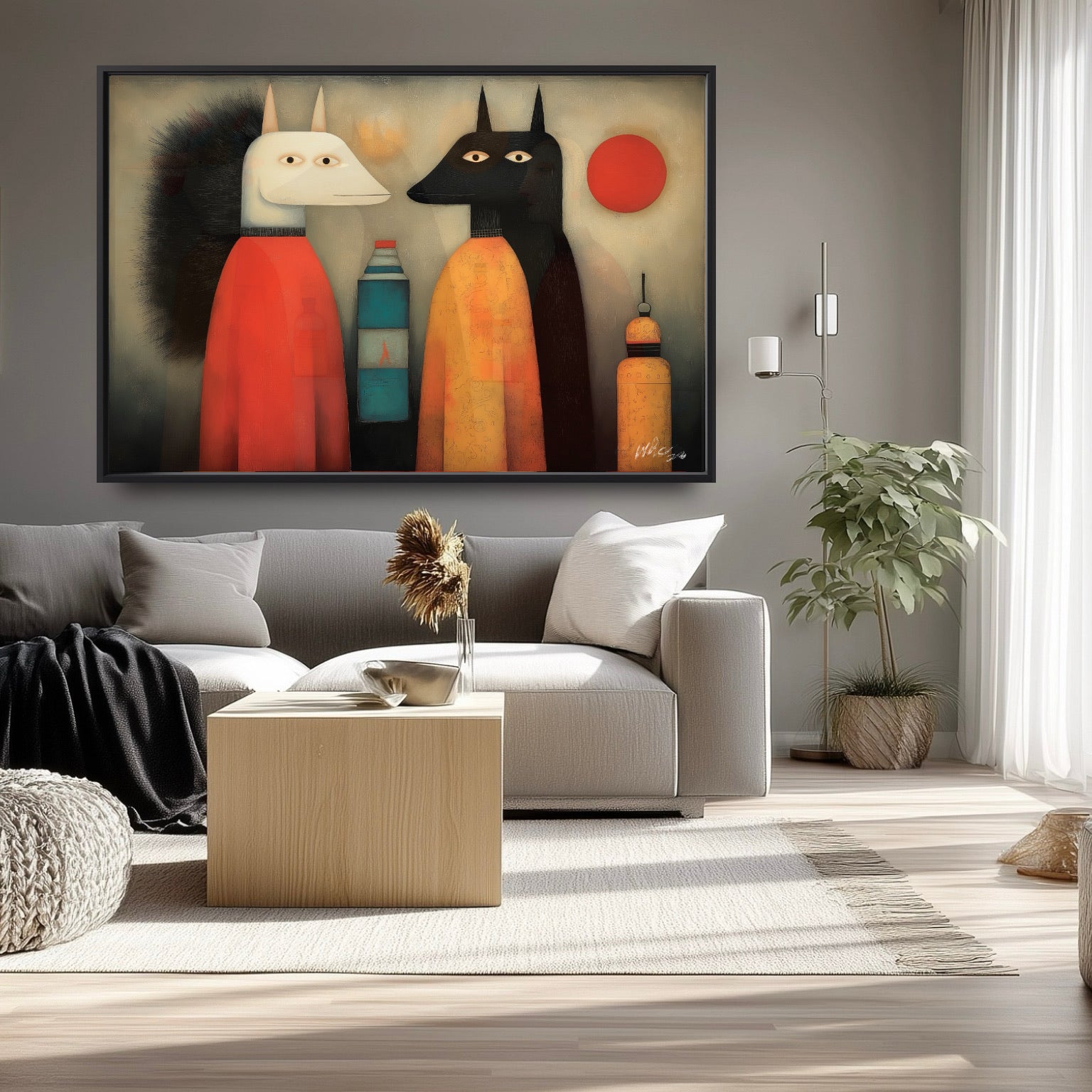 Large horizontal canvas creates a balanced focal point above a grey sectional in a minimalist, sunlit room.