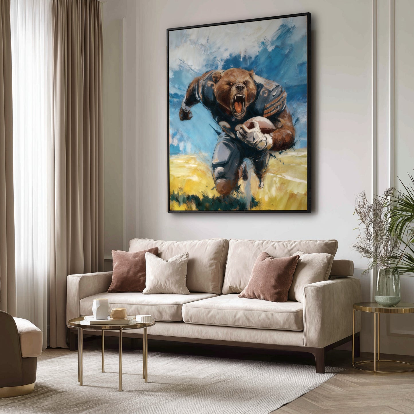 Large painting of a bear football player in an elegant living room with a beige sofa, sheer curtains, and brass tables.