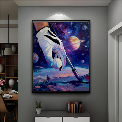 Abstract space golf art in modern dining area. Vivid cosmic colors create a striking focal point against neutral grey home decor.