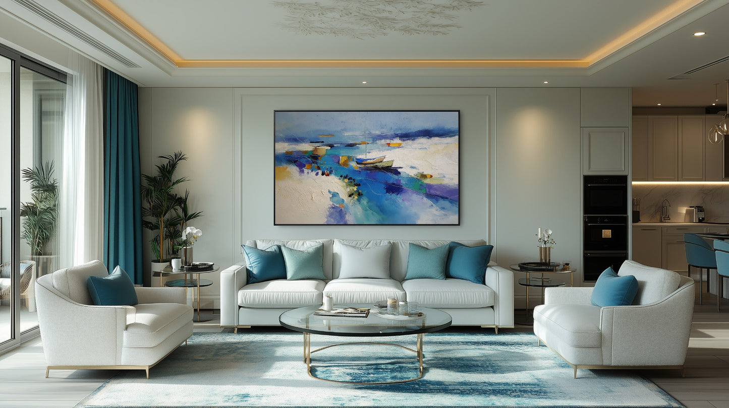 Abstract coastal art with vibrant blue tones coordinating with the teal curtains and rug, adding elegant color to the white sofa space.