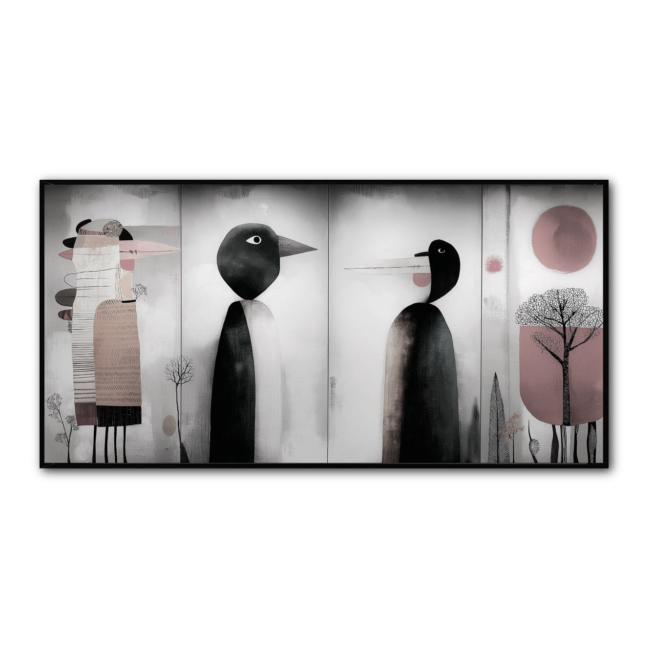 Original modern abstract bird figures painting, horizontal triptych. Black, white, and blush pink. Neutral/warm tones.