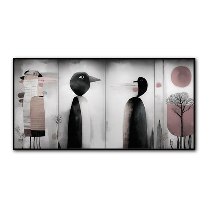 Original modern abstract bird figures painting, horizontal triptych. Black, white, and blush pink. Neutral/warm tones.