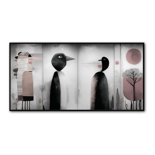 Original modern abstract bird figures painting, horizontal triptych. Black, white, and blush pink. Neutral/warm tones.
