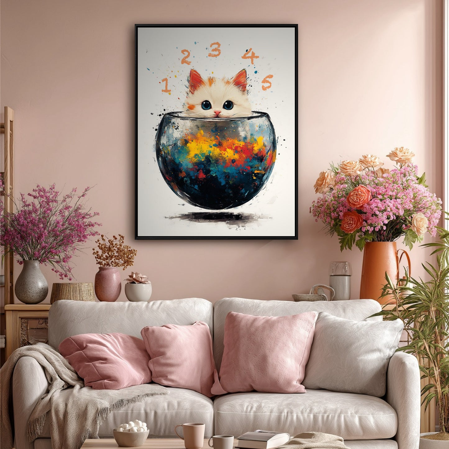 A playful cat painting complements a soft, modern living room, its warm orange accents tying in with the pink wall and pillows.