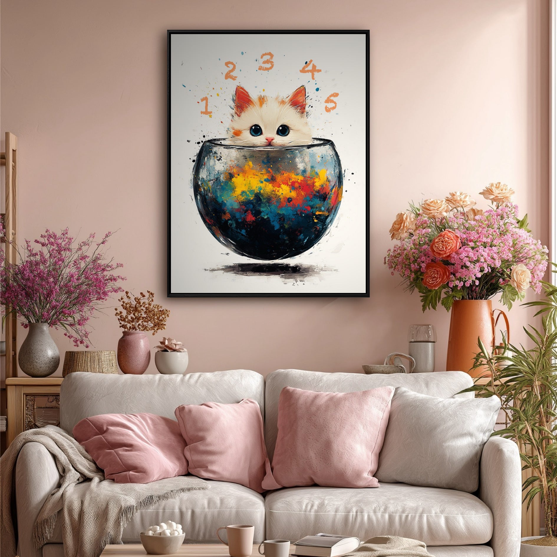 A playful cat painting complements a soft, modern living room, its warm orange accents tying in with the pink wall and pillows.