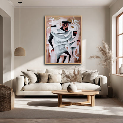 Large geometric art anchors a minimalist living room with a beige sofa. Neutral modern canvas complements the pendant lighting.