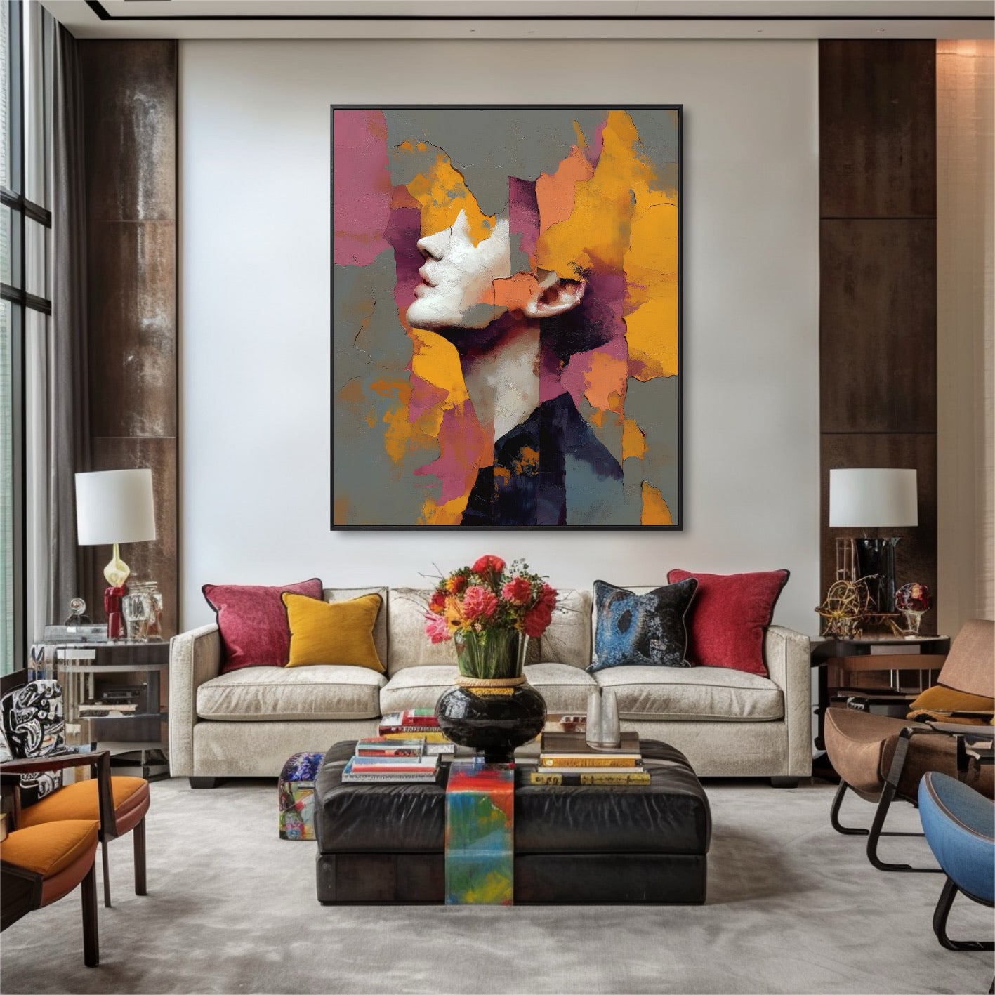 Large abstract sunset portrait brightens a luxury neutral living room. The art provides a bold color contrast against the textured walls and light upholstery.