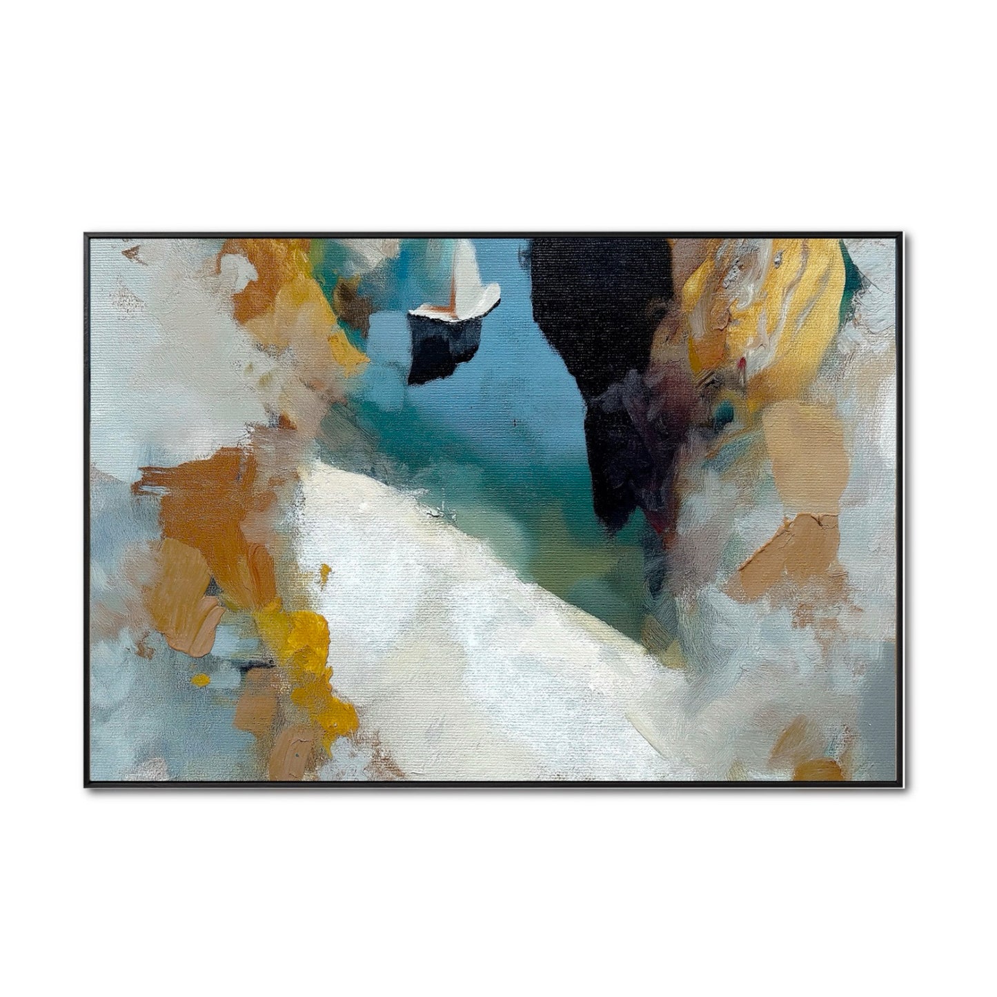 Original hand-painted abstract harbor oil art. Dynamic warm yellow & cool blue contrast, vibrant coastal style.