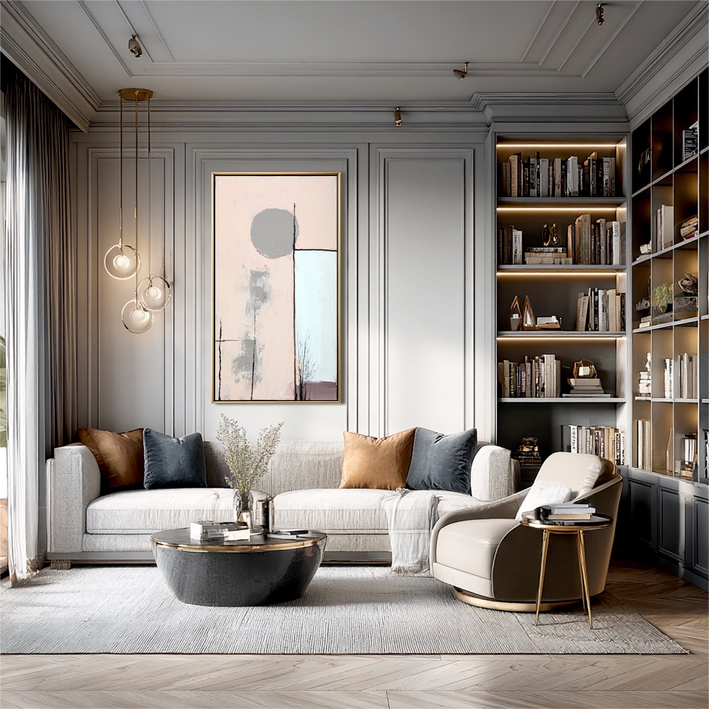 A room pic shows an minimalist deco painting, creating vintage, elegant, sophisticated, cozy, romantic, and futuristic vibes.