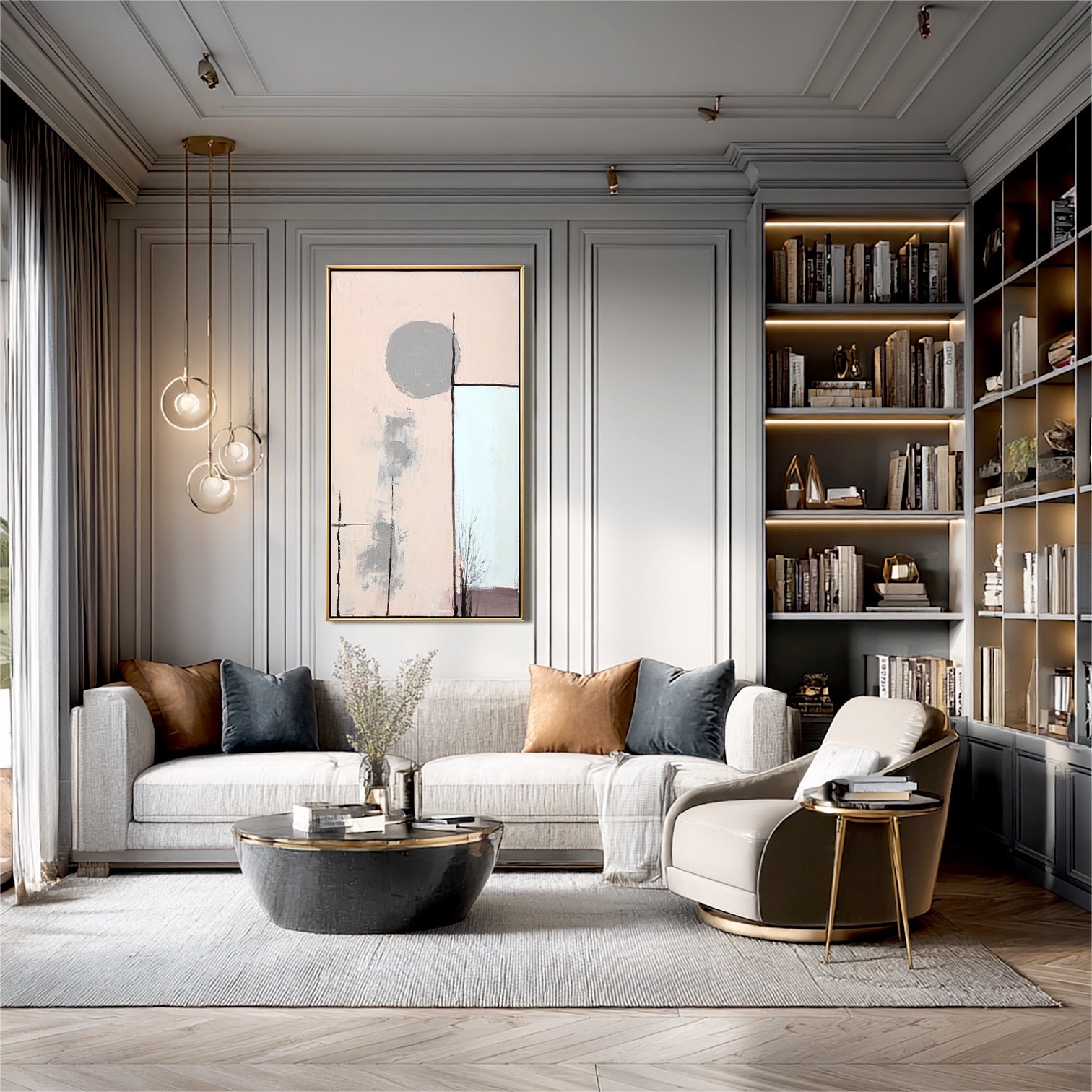 A room pic shows an minimalist deco painting, creating vintage, elegant, sophisticated, cozy, romantic, and futuristic vibes.