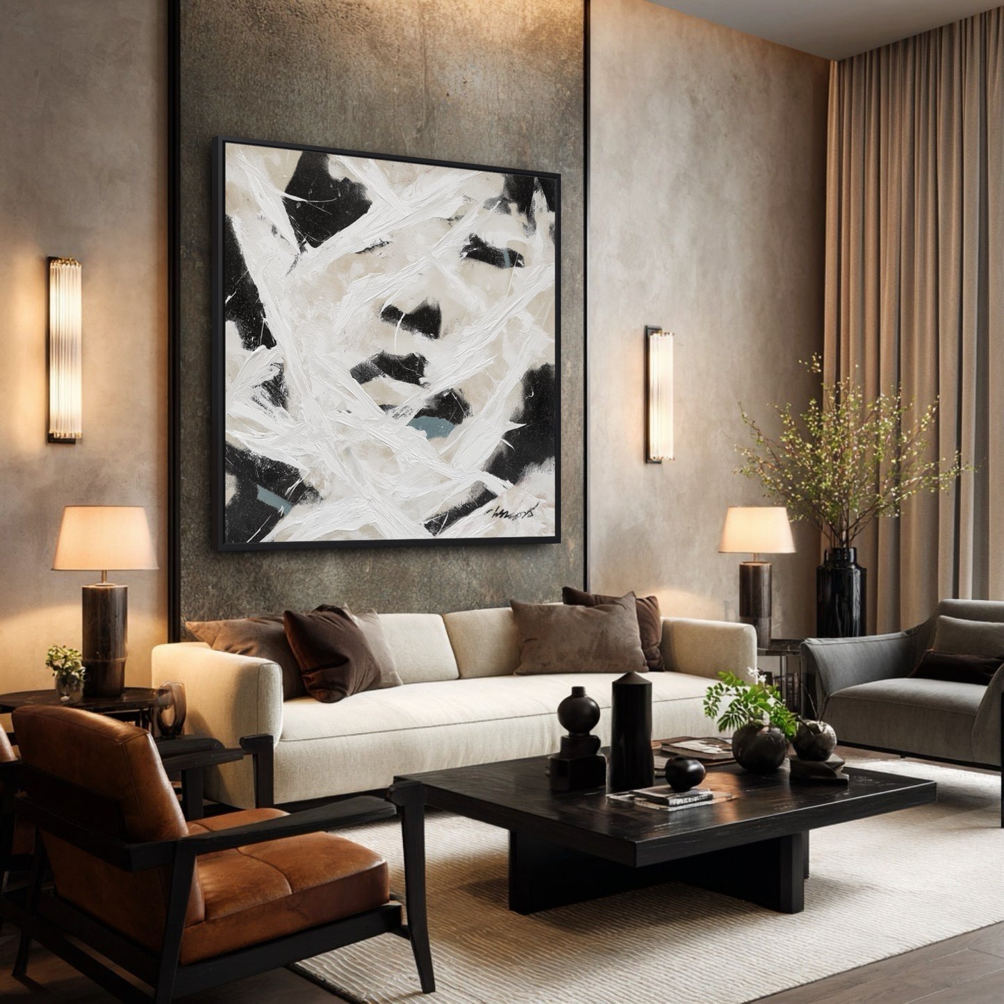 Large framed abstract painting in a sophisticated living room with dark walls, modern furniture, and warm accent lighting.