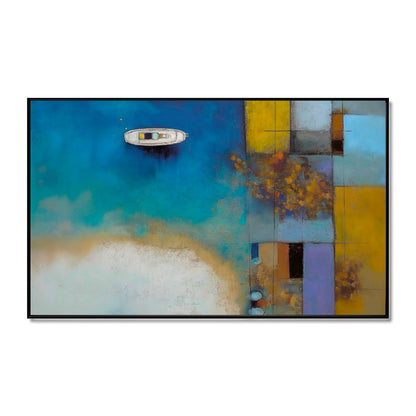 Original hand-painted abstract geometric seascape. High-contrast blue & yellow art with boat, modern coastal statement.