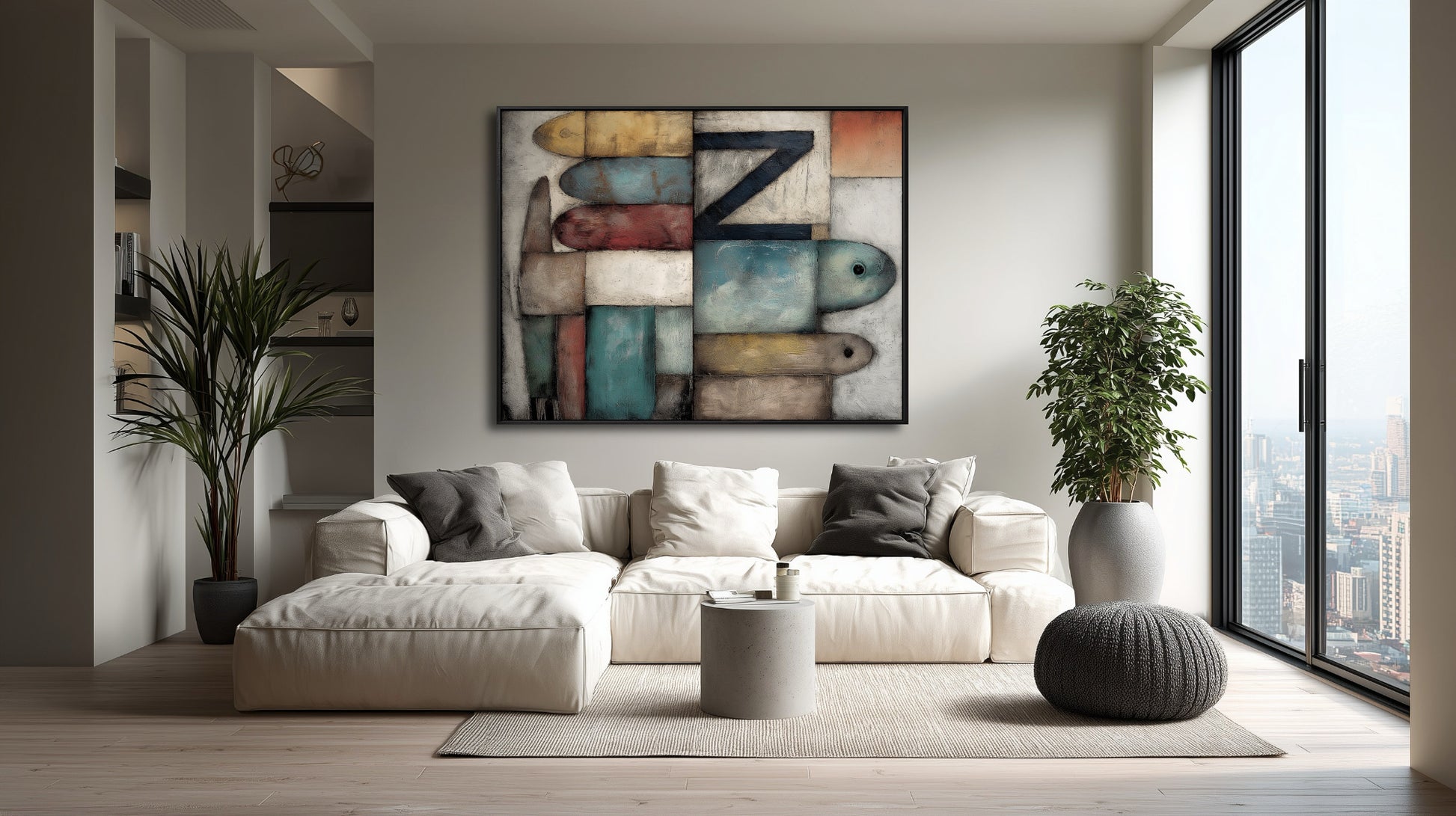 Abstract folk art with letter Z centers a bright, minimal living room over a large white sectional and floor-to-ceiling city-view window.