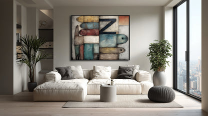 Abstract folk art with letter Z centers a bright, minimal living room over a large white sectional and floor-to-ceiling city-view window.