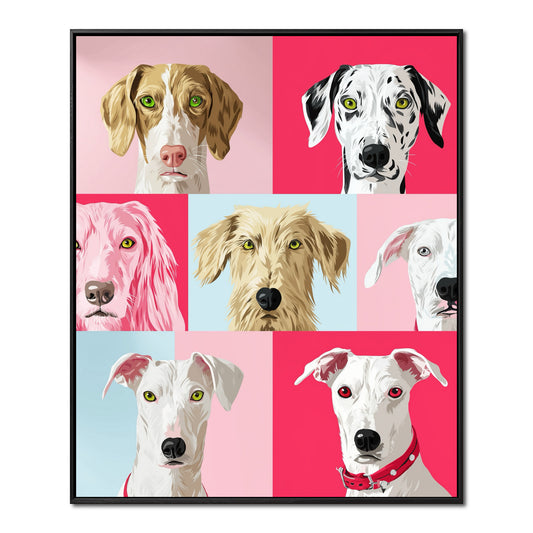 Original pop art dog painting: vibrant pink, blue, black, and white portrait grid. Modern, neutral-toned, expressive canine canvas art.