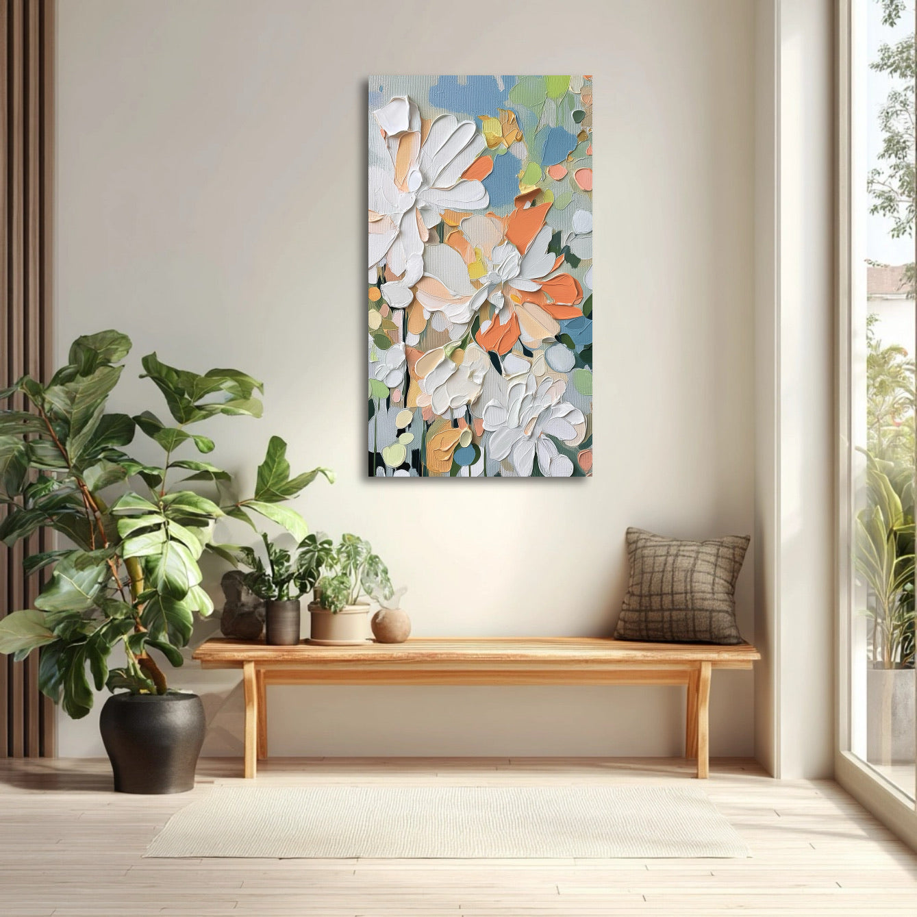 Textured orange/white flower painting complements a bright, airy space with a simple wooden bench, large window, and lush green fiddle leaf fig plant.