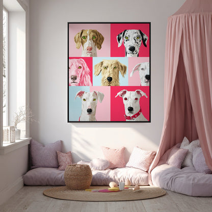 Vibrant pop art dog painting elevates a soft, pink-themed floor cushion nook. Playful and cozy children's or reading space decor.