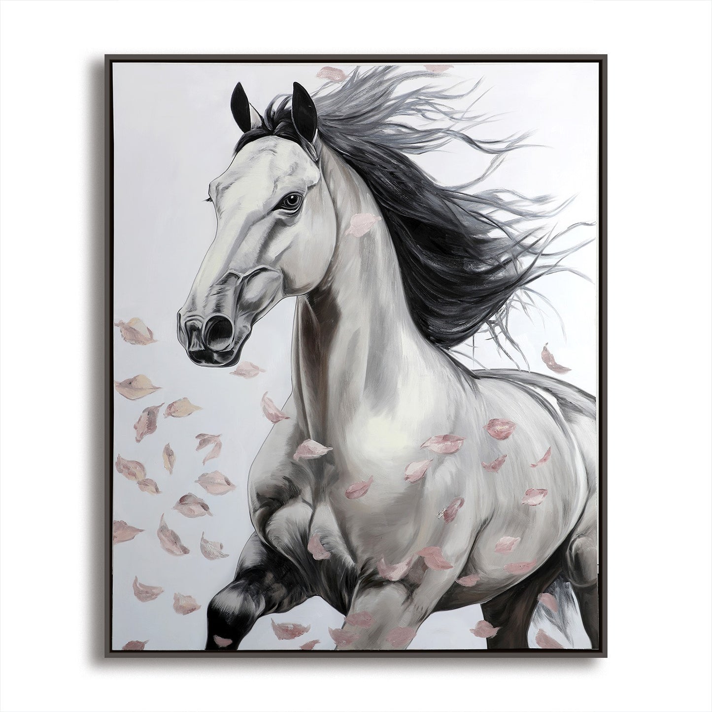 Original running horse painting: flowing mane, falling pink petals. Modern equine art, black, white, gray, pink. Neutral-toned, dynamic.