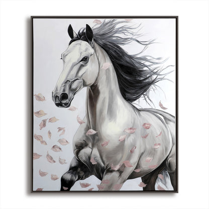 Original running horse painting: flowing mane, falling pink petals. Modern equine art, black, white, gray, pink. Neutral-toned, dynamic.