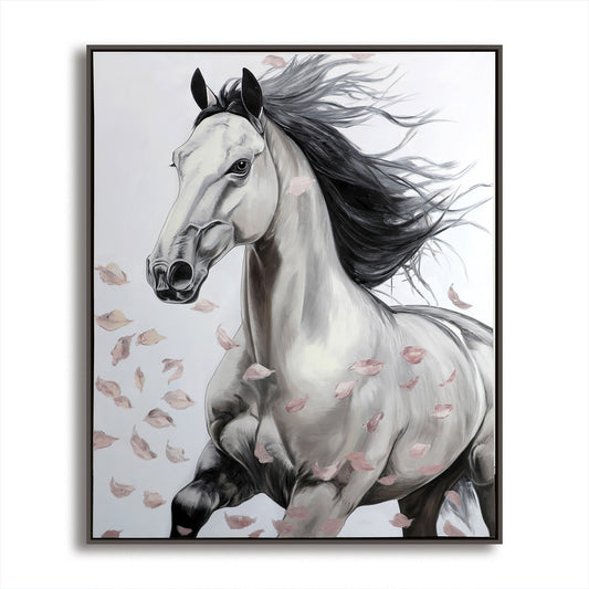 Original running horse painting: flowing mane, falling pink petals. Modern equine art, black, white, gray, pink. Neutral-toned, dynamic.