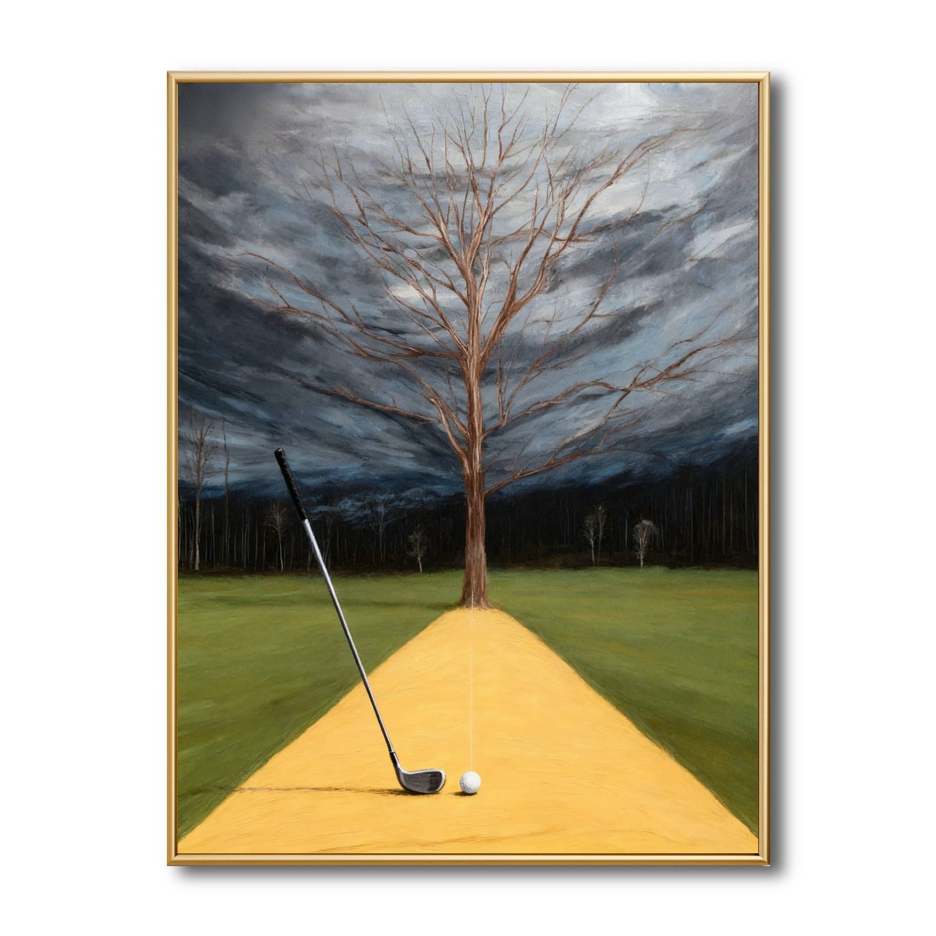 Original surreal golf painting with a yellow path and bare tree. High contrast warm yellow and dark grey create a dramatic vibe.