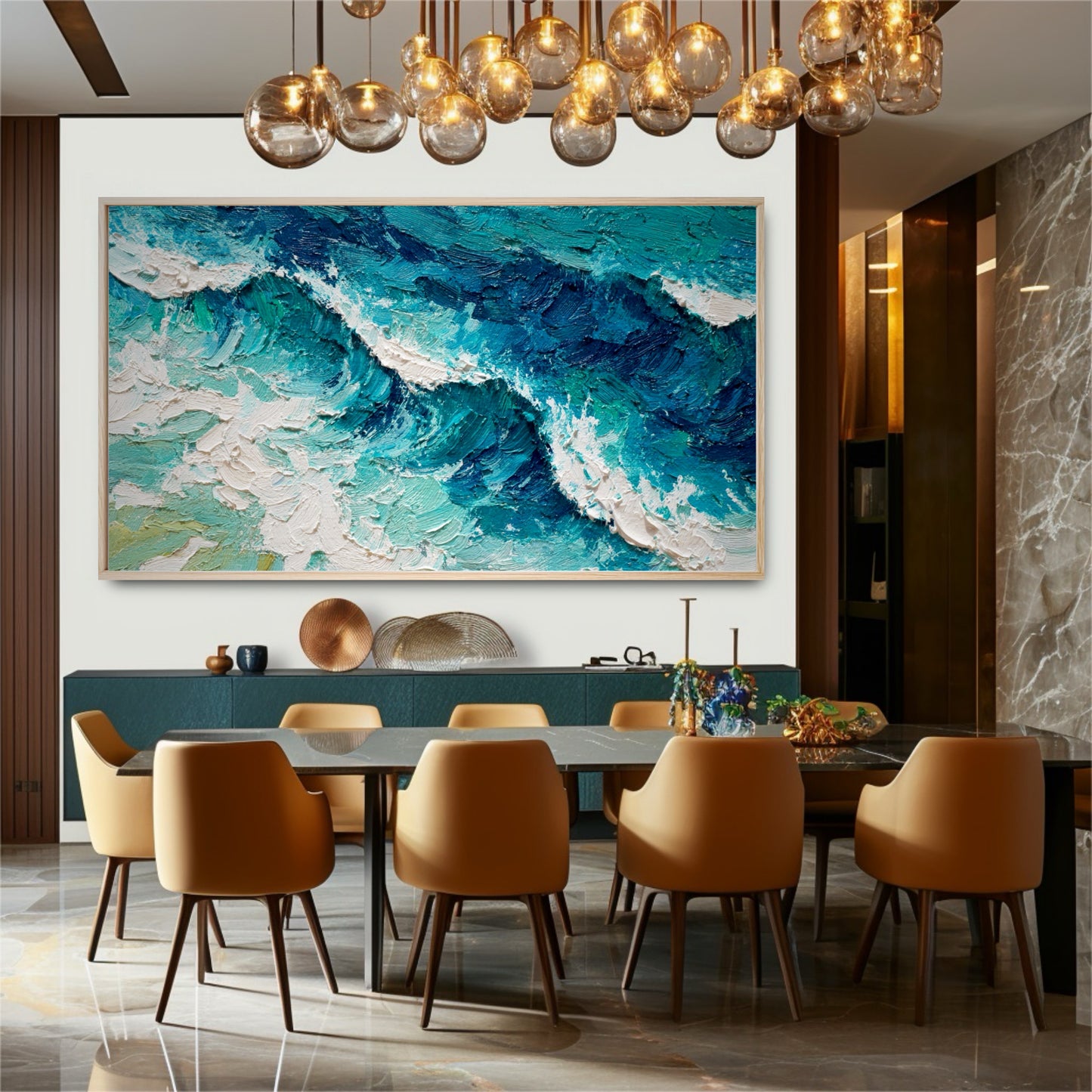 The painting's rough, organic texture provides a natural contrast to the sleek marble and gold chandelier in the luxury dining room.
