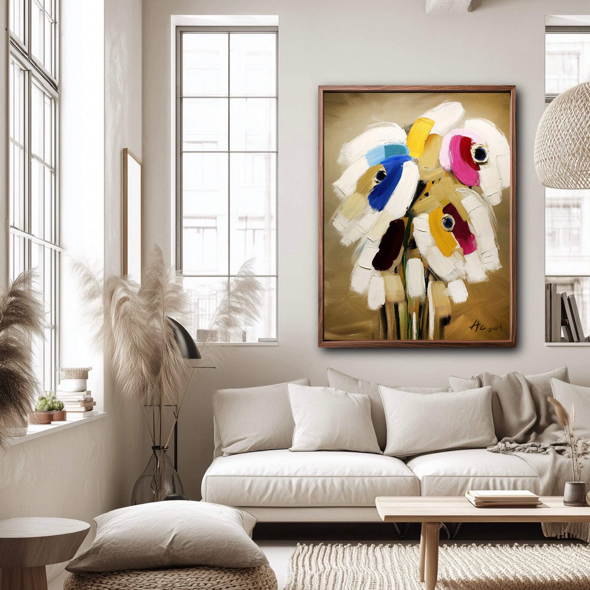 Modern floral canvas art in a sunlit contemporary lounge. Large windows and white textiles highlight the vibrant color pop.
