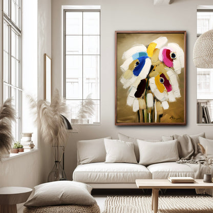 Modern floral canvas art in a sunlit contemporary lounge. Large windows and white textiles highlight the vibrant color pop.
