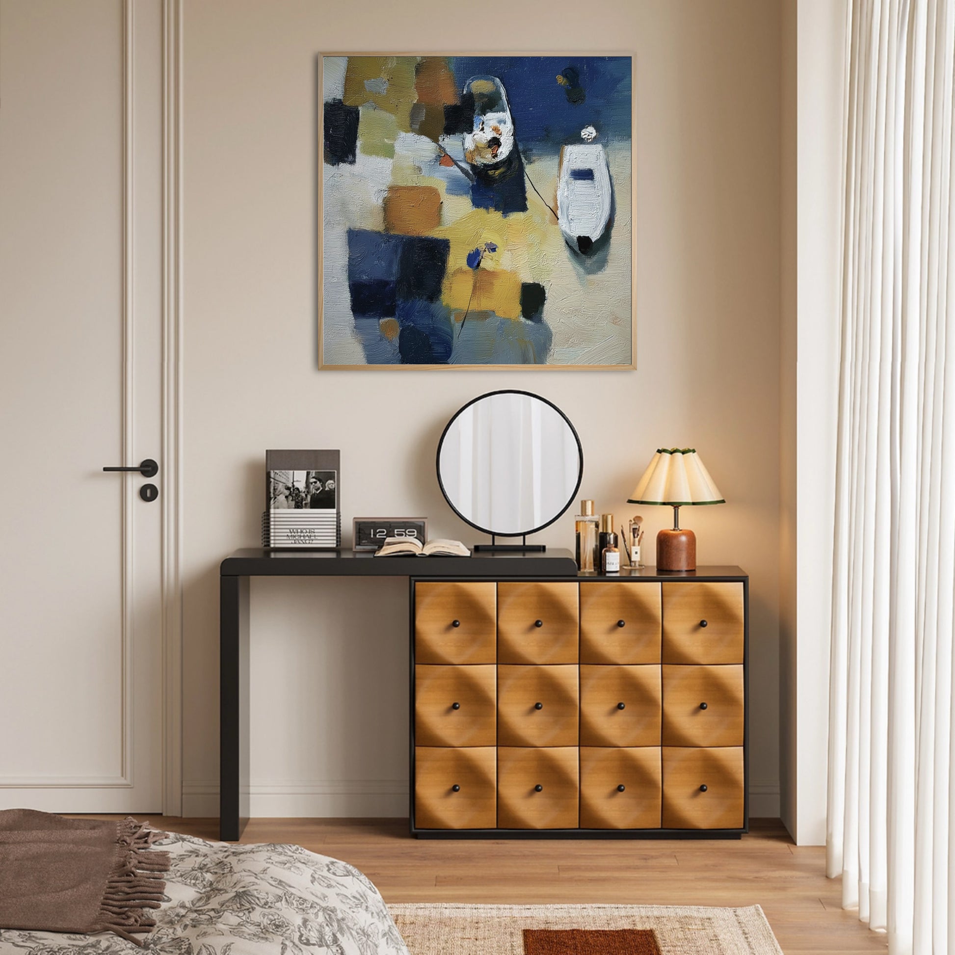 Textured abstract art adds a sophisticated focal point above a mid-century modern vanity; blends with the wood drawers and neutral walls for an artistic touch.