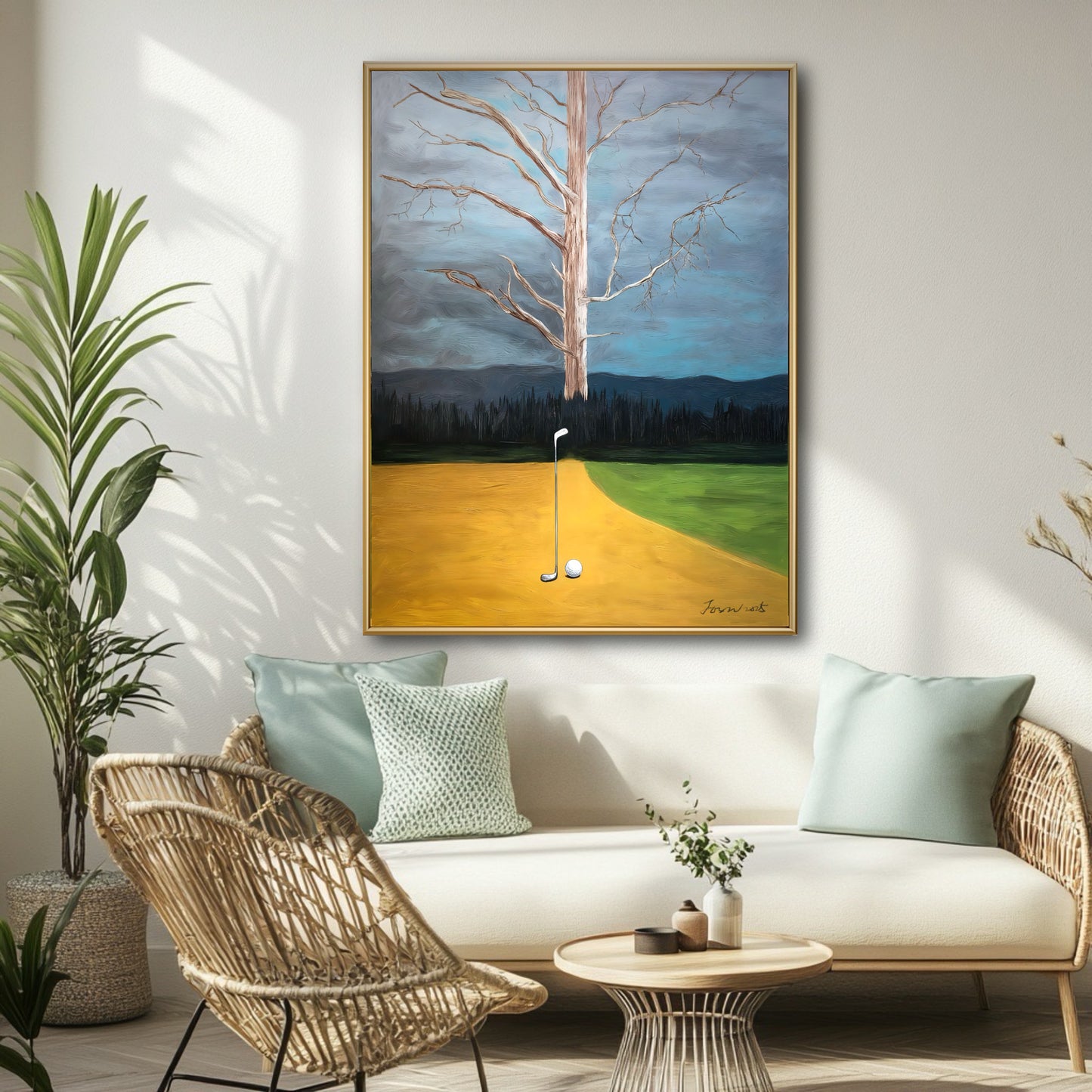 Surreal golf painting styled in a bright natural sunroom. Earthy yellow and green tones complement the organic wicker furniture.