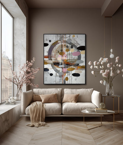 Abstract painting complementing the warm taupe walls and plush beige sofa in a cozy, inviting living space.