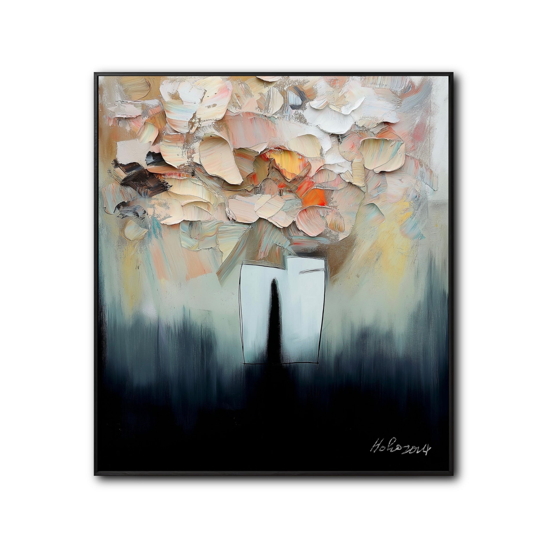 Original abstract floral painting with heavy impasto texture. Modern palette knife art of flowers in a vase.