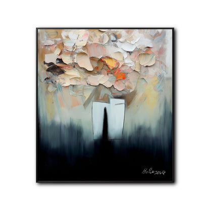 Original abstract floral painting with heavy impasto texture. Modern palette knife art of flowers in a vase.