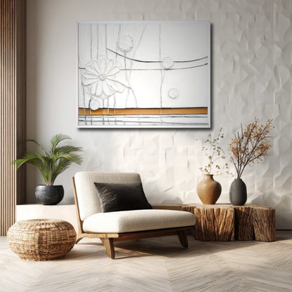 Textured floral art elevates a modern living room, complementing neutral tones, natural wood, and green plants for a serene vibe.