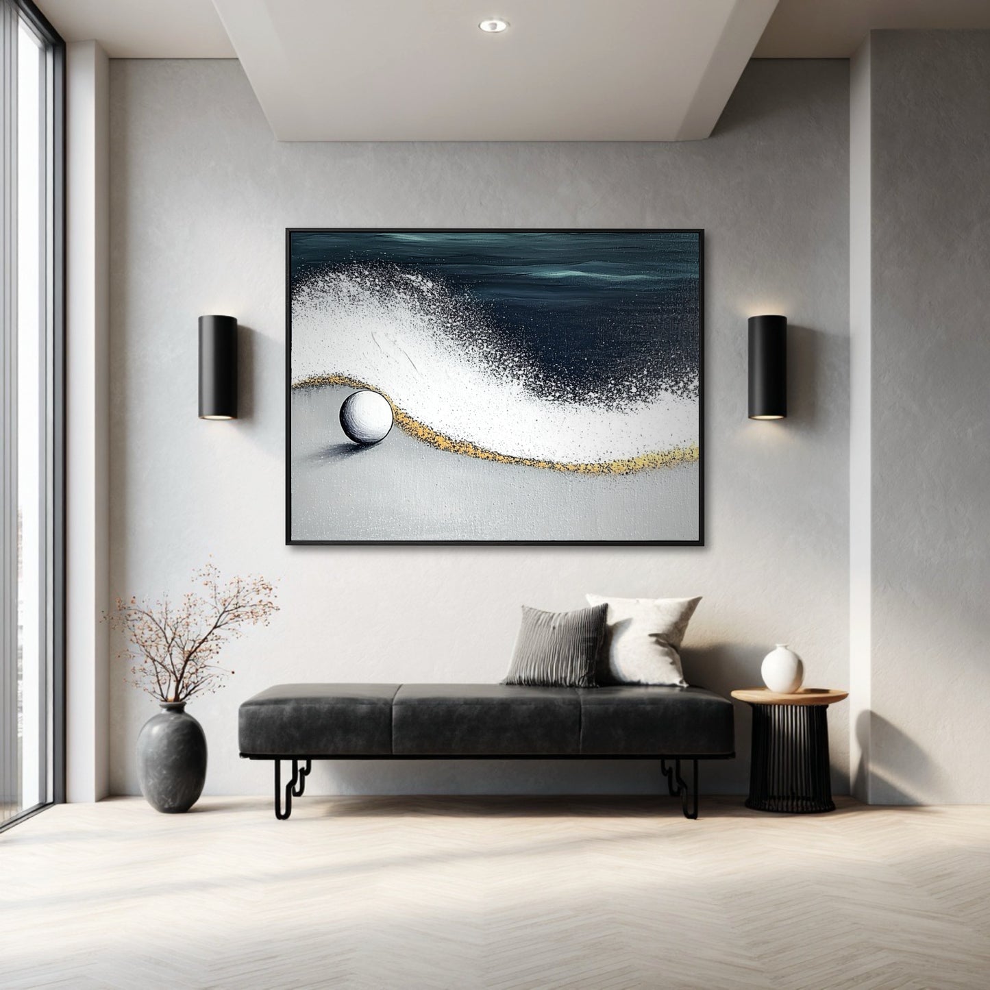 A large horizontal ocean abstract painting with gold accents hangs in a modern entryway above a black leather bench.