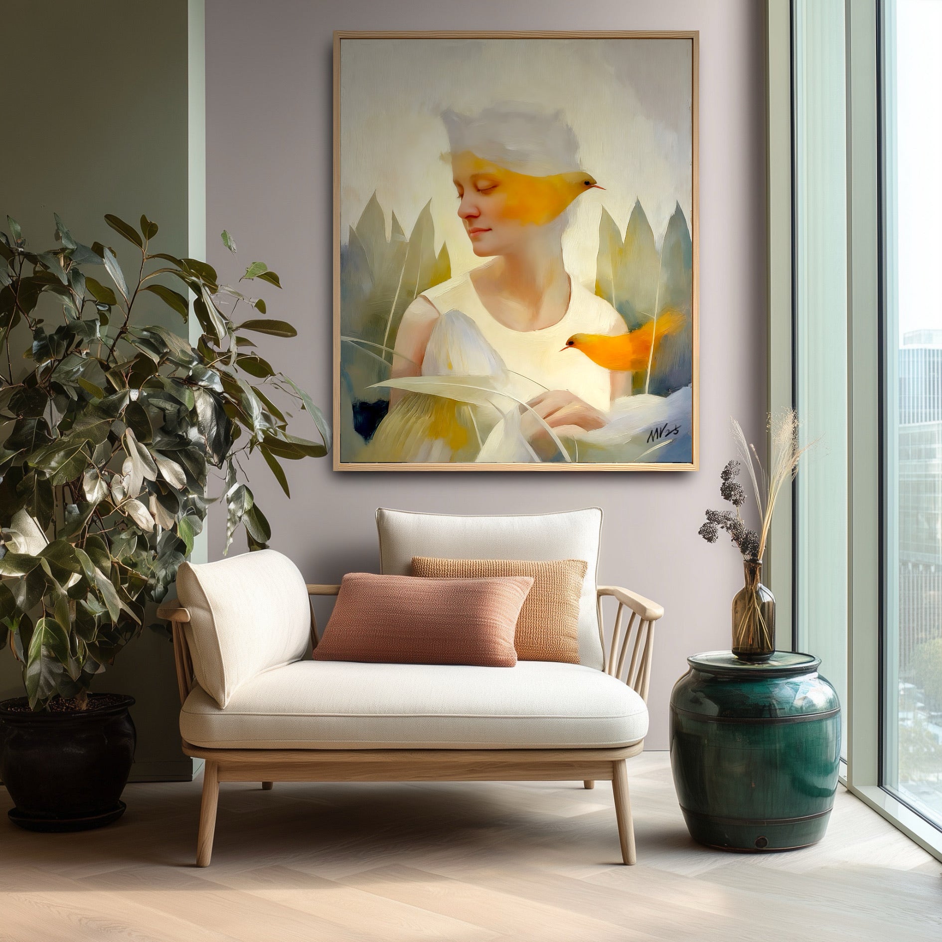 Nature-inspired woman and bird painting above a daybed. Green indoor plants and soft textures enhance the organic art vibes.