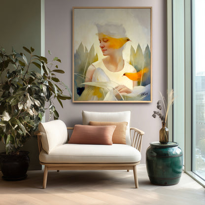 Nature-inspired woman and bird painting above a daybed. Green indoor plants and soft textures enhance the organic art vibes.