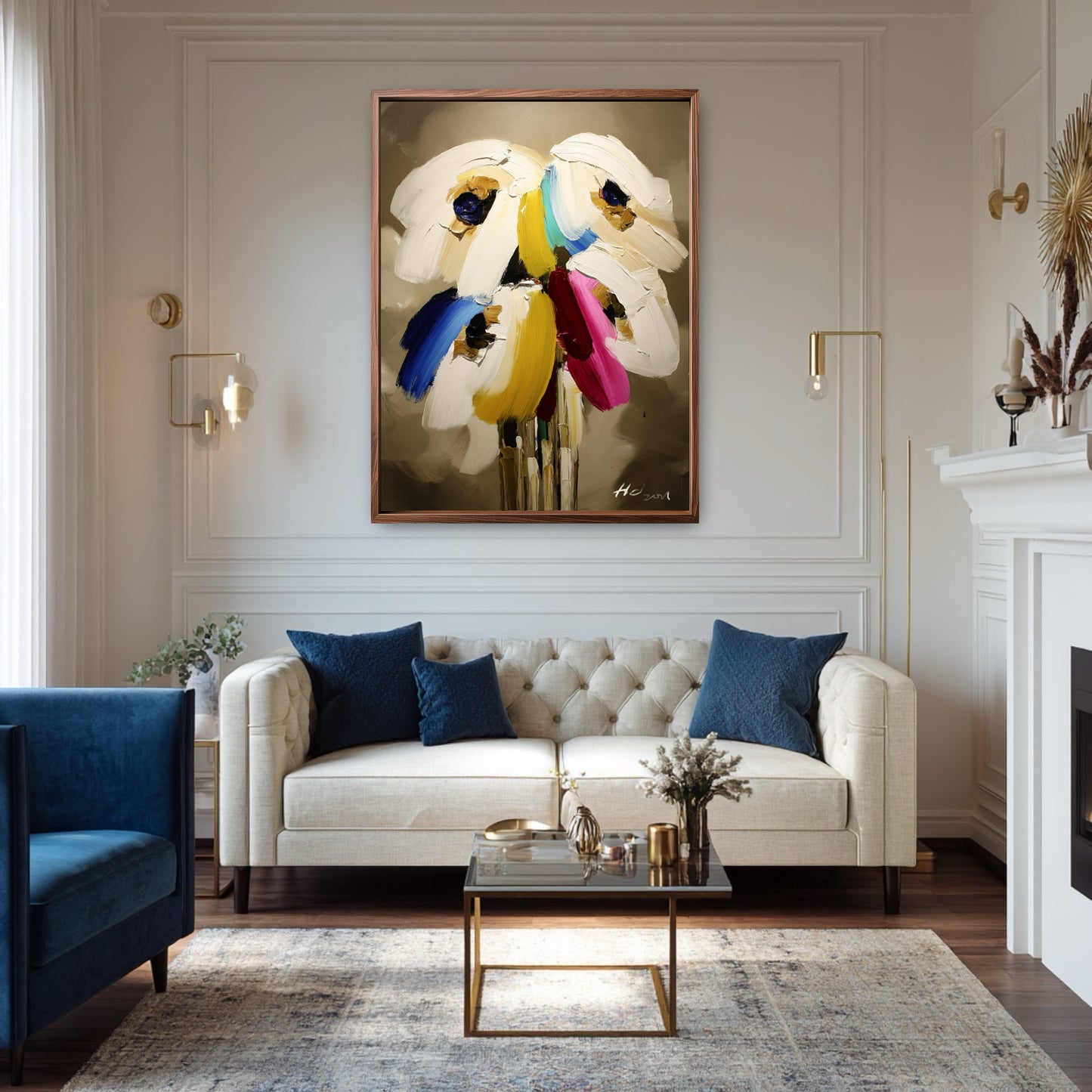 Modern abstract painting in a luxury living room. Vibrant art adds a contemporary focal point to classic architectural details.