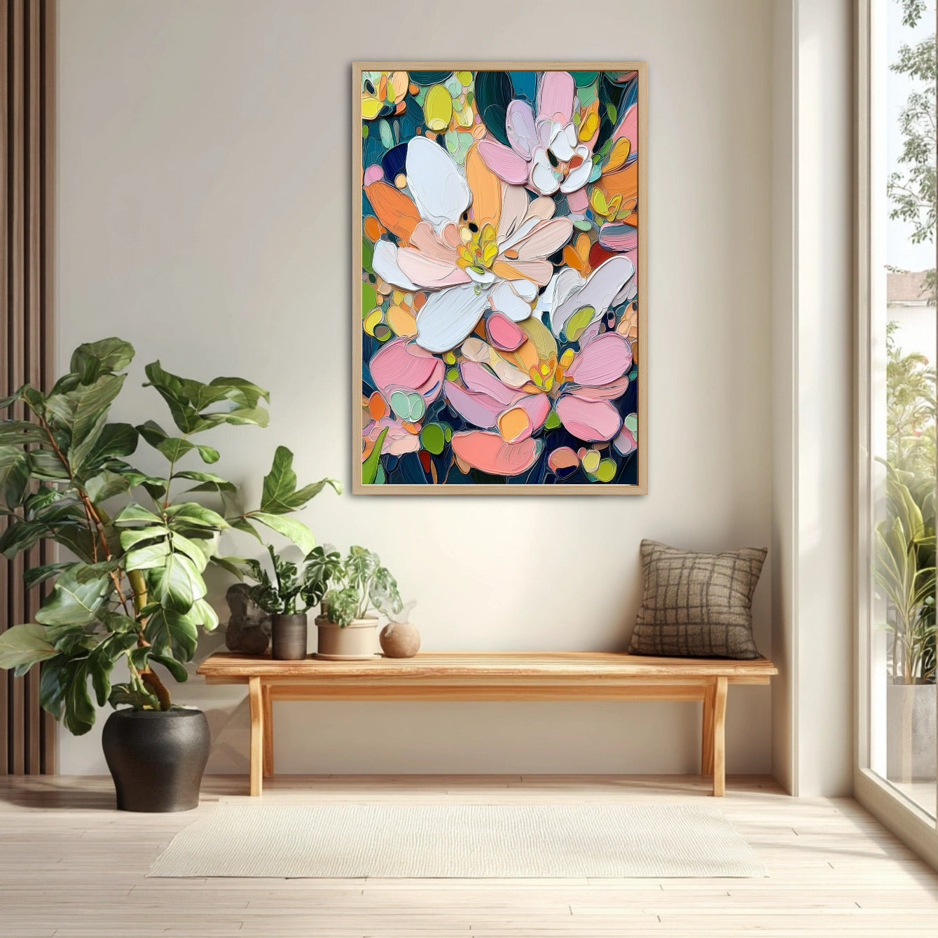 Vibrant floral canvas complements a bright, minimalist entryway featuring a wooden bench, large potted plants, and ample natural light, bridging nature and art.