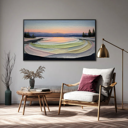 Original colorful landscape art provides a serene, expansive view over a wood-framed armchair and brass floor lamp in a warm, contemplative setting.
