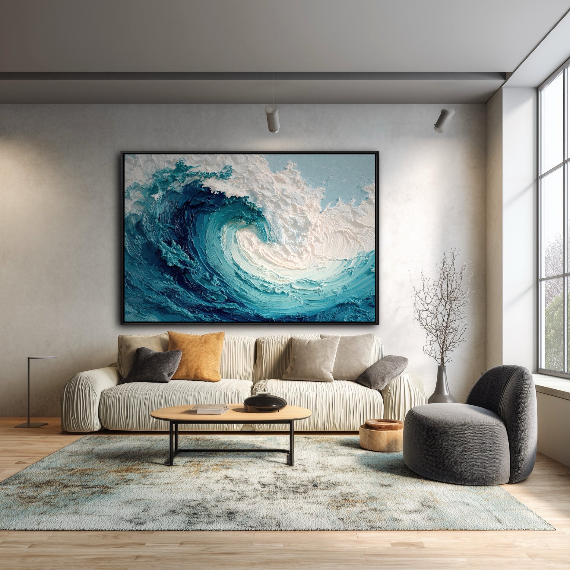 The large wave painting's cool blue tones contrast the warm orange pillow while echoing the abstract rug in this modern, textured room.