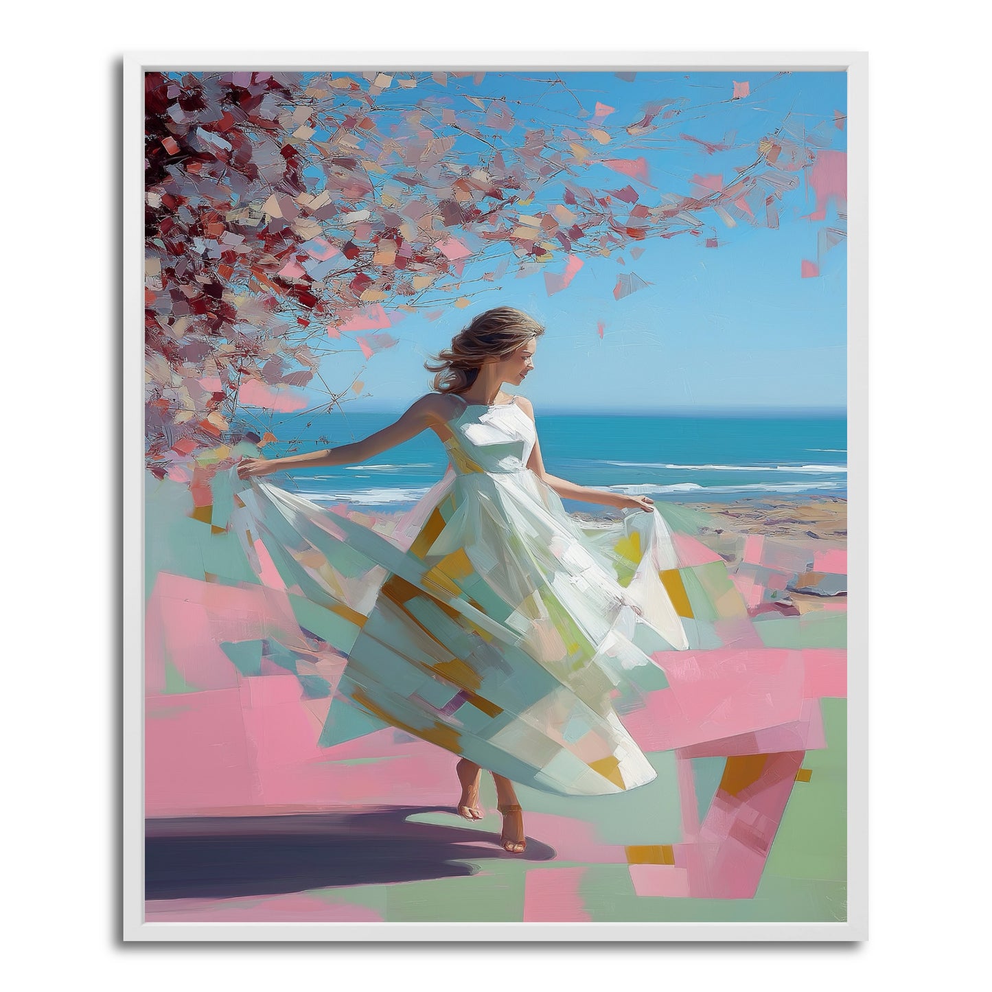 Original framed painting of a woman in a white dress by the sea under a pink blossoming tree in a modern blocky style.
