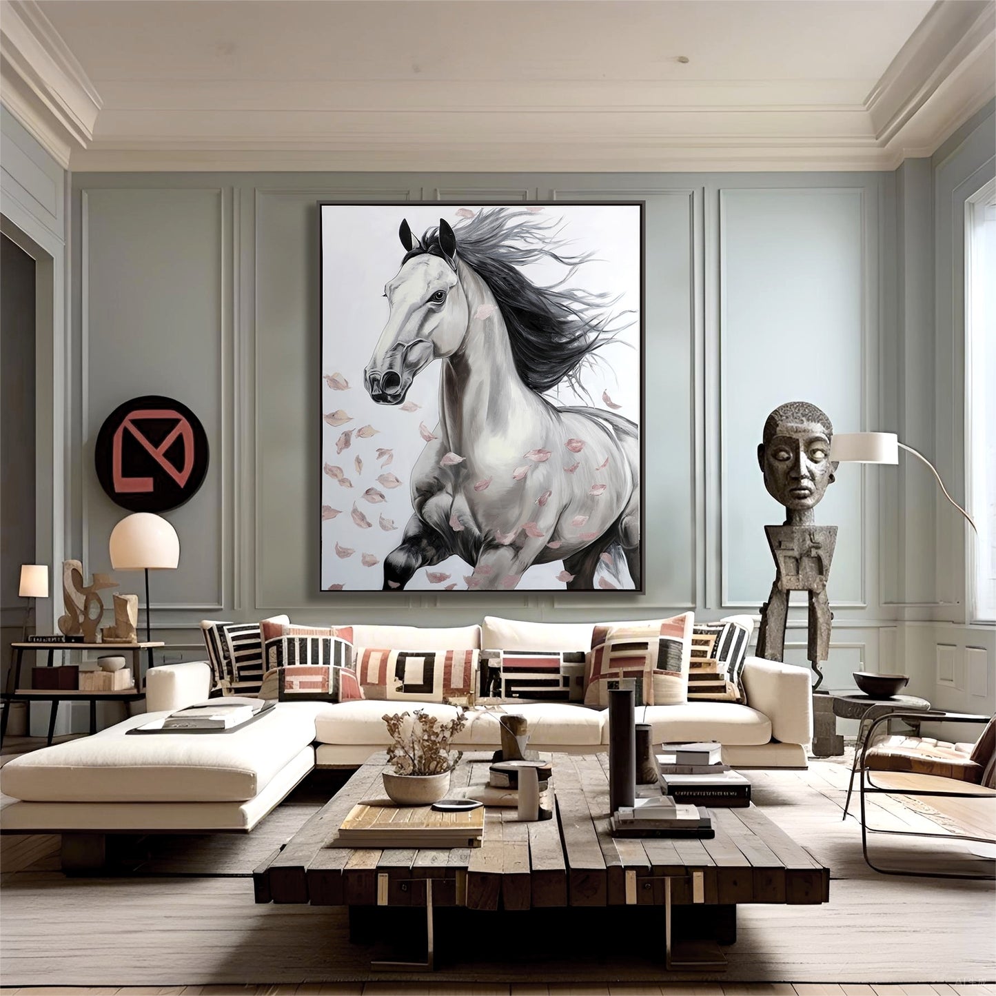 Large horse canvas dominates a chic living area with a long wooden table, patterned pillows, and mint-green paneled walls.