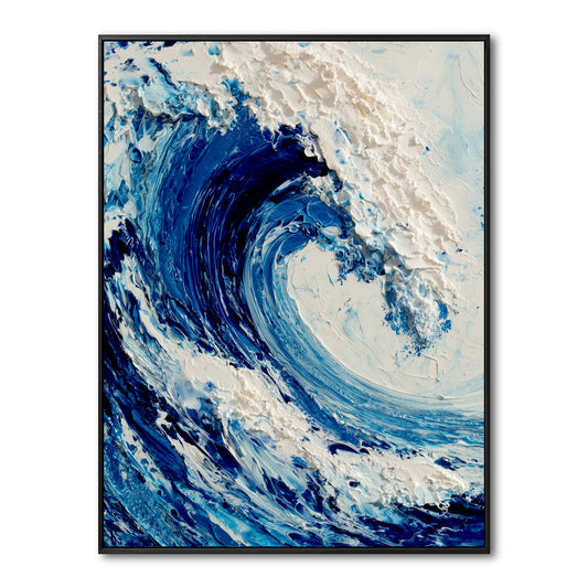 Original abstract ocean wave painting. Heavy impasto texture in deep blue and white. A large, cool-tone modern art piece.