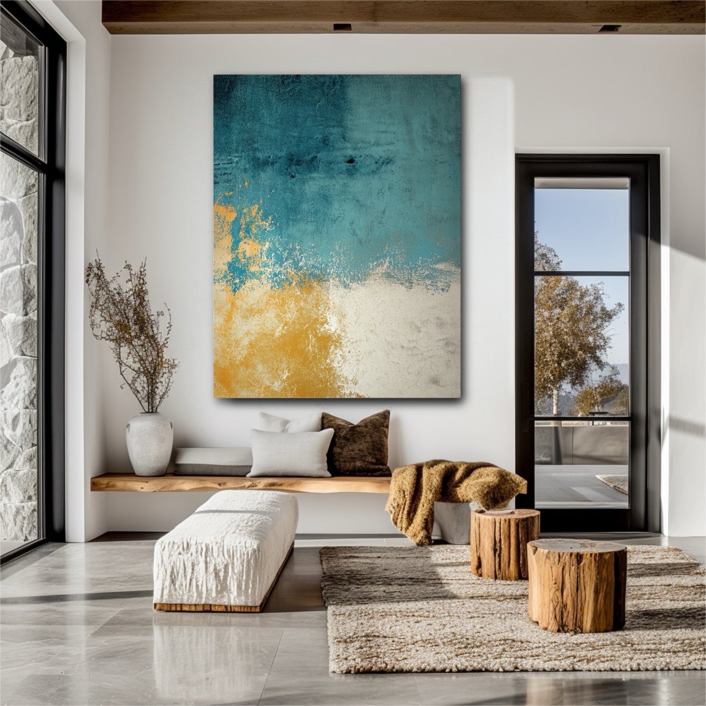 An original abstract painting with teal and gold tones enhances a rustic modern entryway, connecting the natural wood and stone decor.