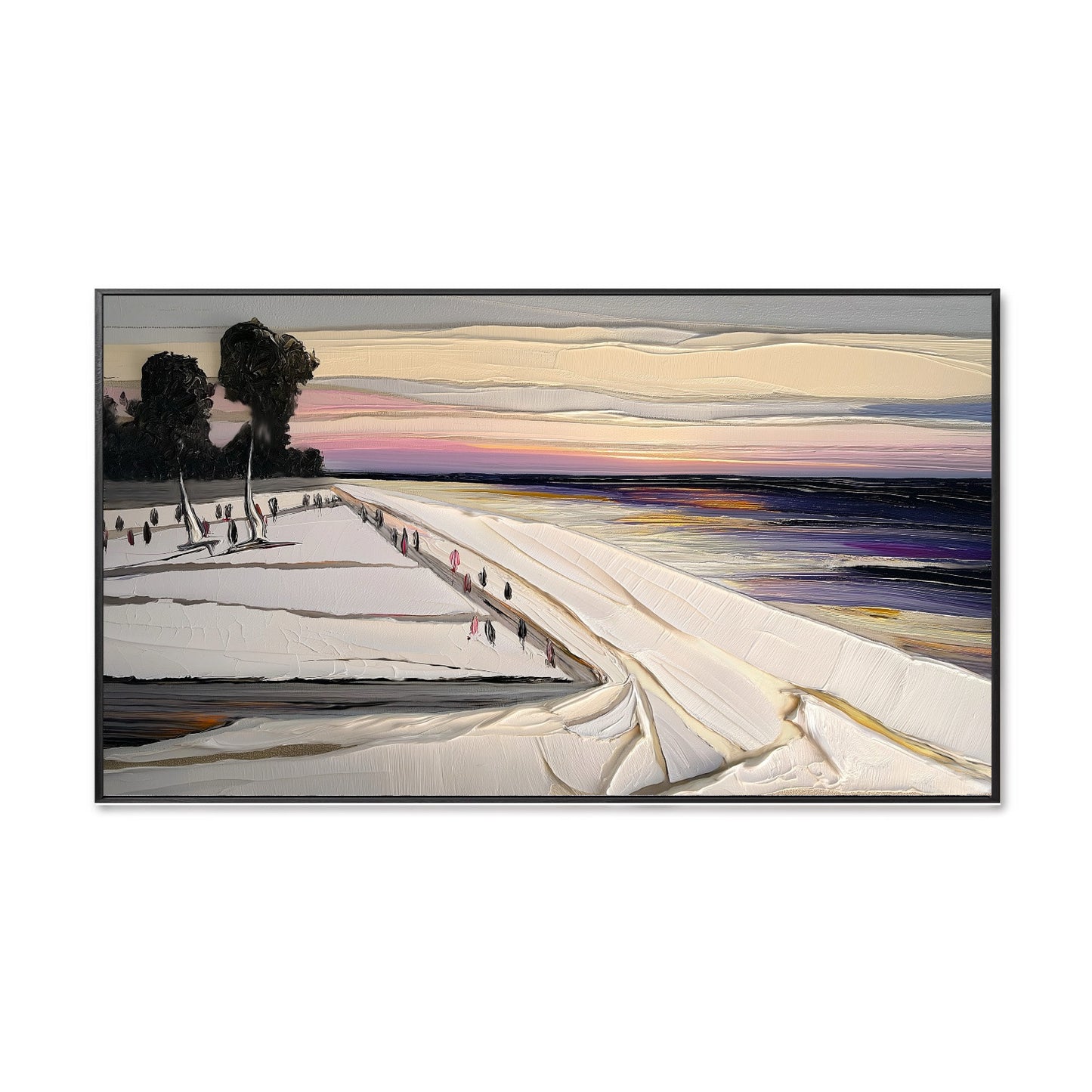 Original hand-painted acrylic coastal art. Warm/cool sunset contrast, extreme texture impasto, figurative movement, expansive boardwalk vibe painting.