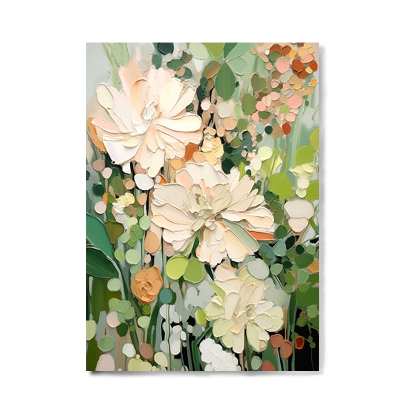 Original impasto floral painting. Textured cream, peach, and green abstract flowers. Modern palette knife garden art. Neutral/warm tone.