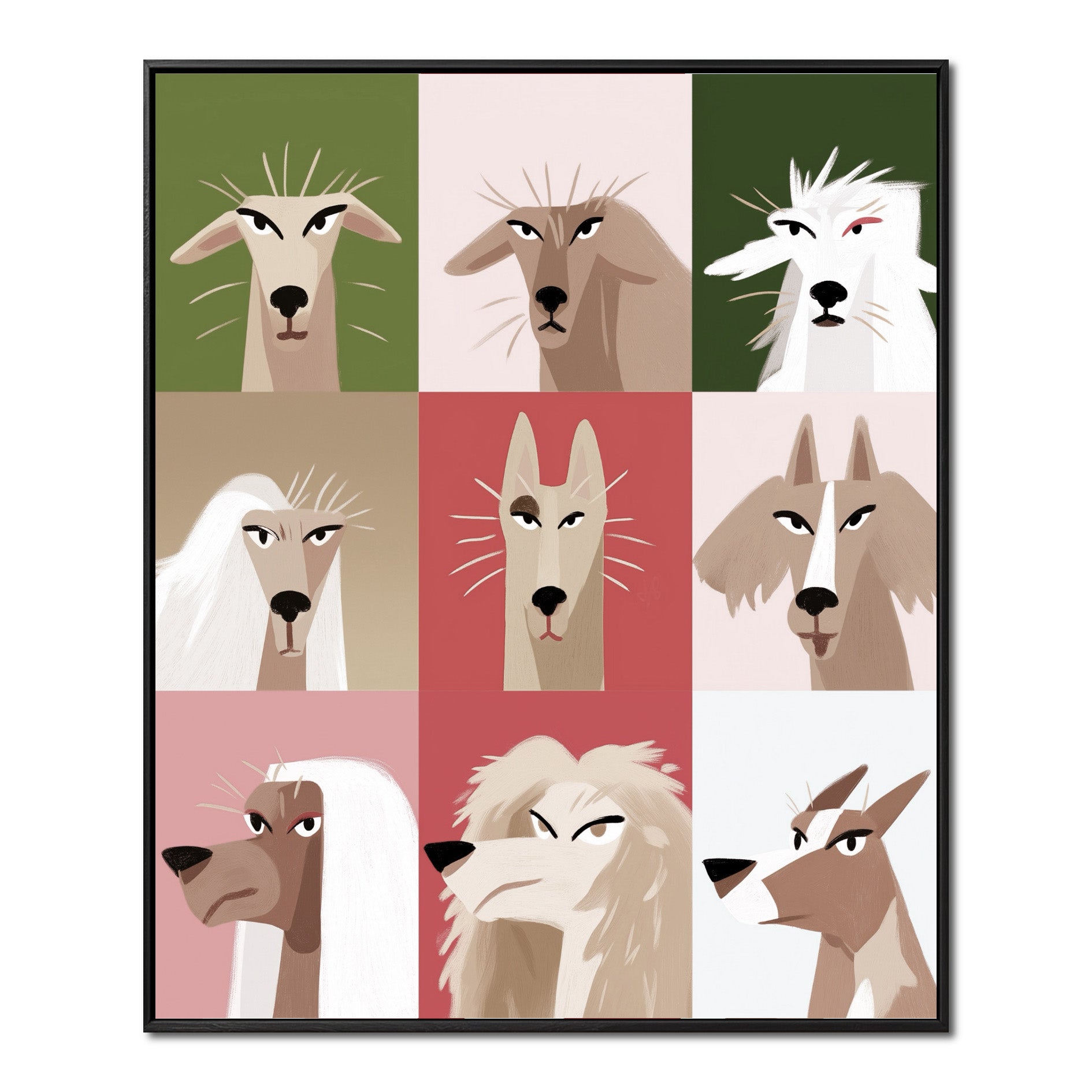 Original, neutral-warm pop art dog portrait grid; promoting expressive style, high contrast, and bold, confident atmosphere.

