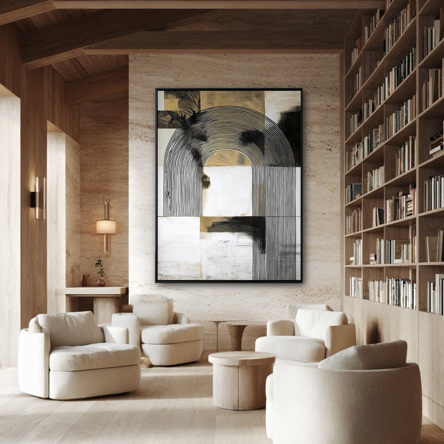 A large geometric abstract painting adds a modern focal point to a warm, wood-paneled library with a large bookshelf and cream armchairs.