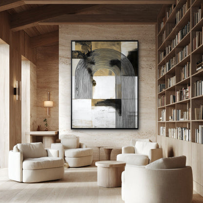 A large geometric abstract painting adds a modern focal point to a warm, wood-paneled library with a large bookshelf and cream armchairs.